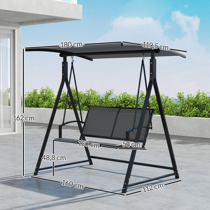 Baloiço de Jardim de 2 Lugares Baloiço de Exterior com Toldo Ajustável 90° Proteção UV 30+ e Estrutura Triangular de Metal Carga 220 kg 160x112x162 cm Cinzento Escuro