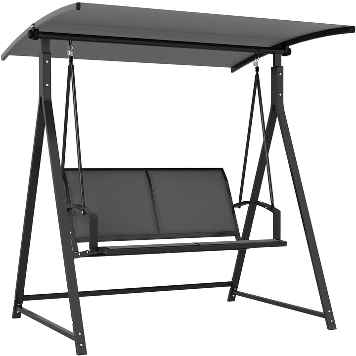 Baloiço de Jardim de 2 Lugares Baloiço de Exterior com Toldo Ajustável 90° Proteção UV 30+ e Estrutura Triangular de Metal Carga 220 kg 160x112x162 cm Cinzento Escuro