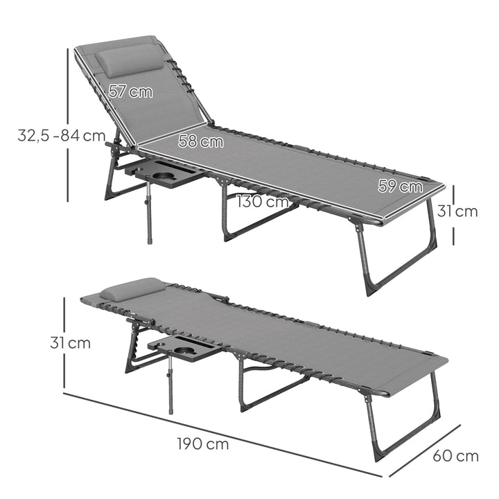 Espreguiçadeira Dobrável Espreguiçadeira Jardim com Encosto Ajustável Apoio de Cabeça Bolsa Lateral Bandeja e Estrutura de Aço Carga 120 kg para Terraço Piscina Praia 190x60x31 cm Cinza