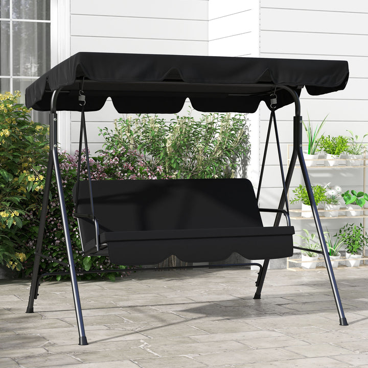 Baloiço de Jardim de 3 Lugares com Almofada Toldo Ajustável e Estrutura de Aço para Balcão Terraço Patio Carga Máx. 200 kg 172x110x153 cm Preto