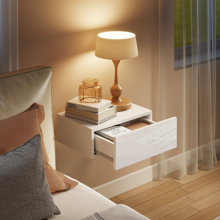 Conjunto de 2 Mesas de Cabeceira com 1 Gaveta Desenho Montado na Parede Estilo Moderno para Dormitório 40x30x15 cm Branco