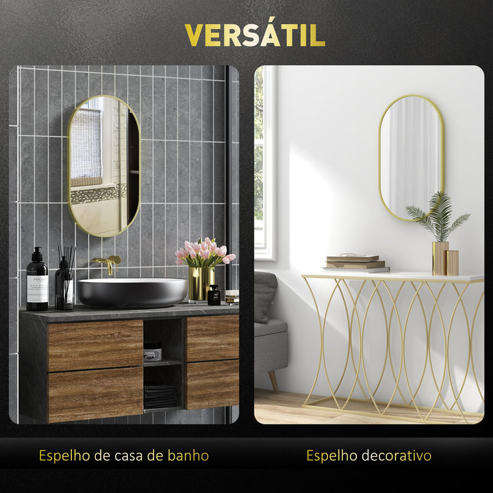 Espelho Casa de Banho Oval 40x3x70 cm Espelho Decorativo de Parede com Estrutura de Liga de Alumínio para Sala de Estar Entrada Corredor Horizontal ou Vertical Dourado