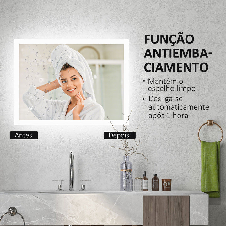 Espelho Casa de Banho com Luzes LED 70x50 cm Espelho de Parede com Função Antiembaciamento 3 Cores Função de Memória Interruptor Tátil e Classificação IP44 Horizontal ou Vertical Prata
