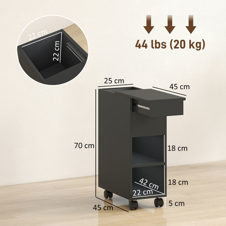 Mesa Auxiliar com Bancada Deslizante e Rodas Mesa Auxiliar com Armazenamento Oculto e Prateleira Ajustável para Sala de Estar Quarto 45x25x70 cm Preto