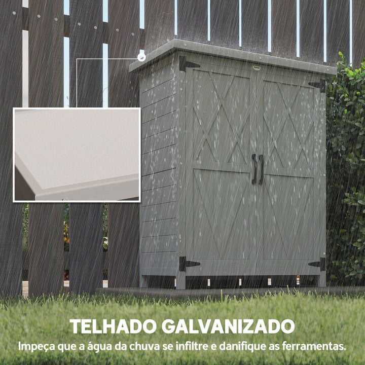 Armário de Jardim de Madeira 75x40x90 cm Armário de Exterior Armário para Armazenamento de Ferramentas com 4 Prateleiras 2 Portas e Telhado de Chapa Galvanizada Cinzento