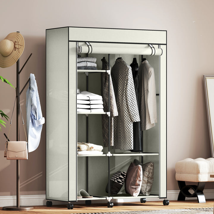 Roupeiro de Tecido Dobrável Armário de Roupa Portátil com 6 Prateleiras 1 Barra de Pendurar e Rodas para Dormitório Vestidor 103x43x162,5 cm Creme