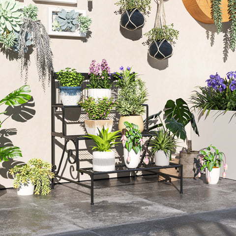 Suporte para Plantas de 3 Níveis Estante para Plantas com Desenho em Escada Suporte para Vasos de Plantas para Interior e Exterior 73x66x85 cm Preto