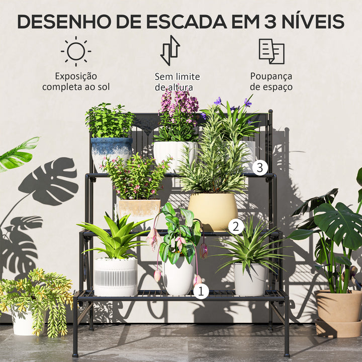 Suporte para Plantas de 3 Níveis Estante para Plantas com Desenho em Escada Suporte para Vasos de Plantas para Interior e Exterior 73x66x85 cm Preto