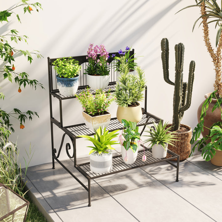 Suporte para Plantas de 3 Níveis Estante para Plantas com Desenho em Escada Suporte para Vasos de Plantas para Interior e Exterior 73x66x85 cm Preto