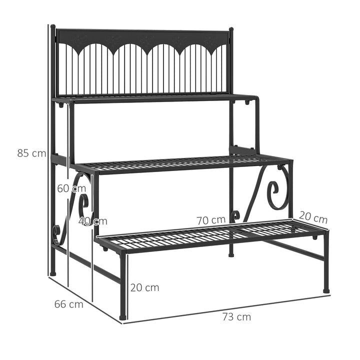 Suporte para Plantas de 3 Níveis Estante para Plantas com Desenho em Escada Suporte para Vasos de Plantas para Interior e Exterior 73x66x85 cm Preto