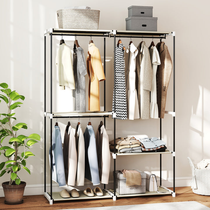 Armário de Roupa Aberto 142x43x185 cm Armário para Roupas com 4 Prateleiras de Tecido 3 Barras para Pendurar e Estrutura de Metal para Quarto Sala Closet Creme