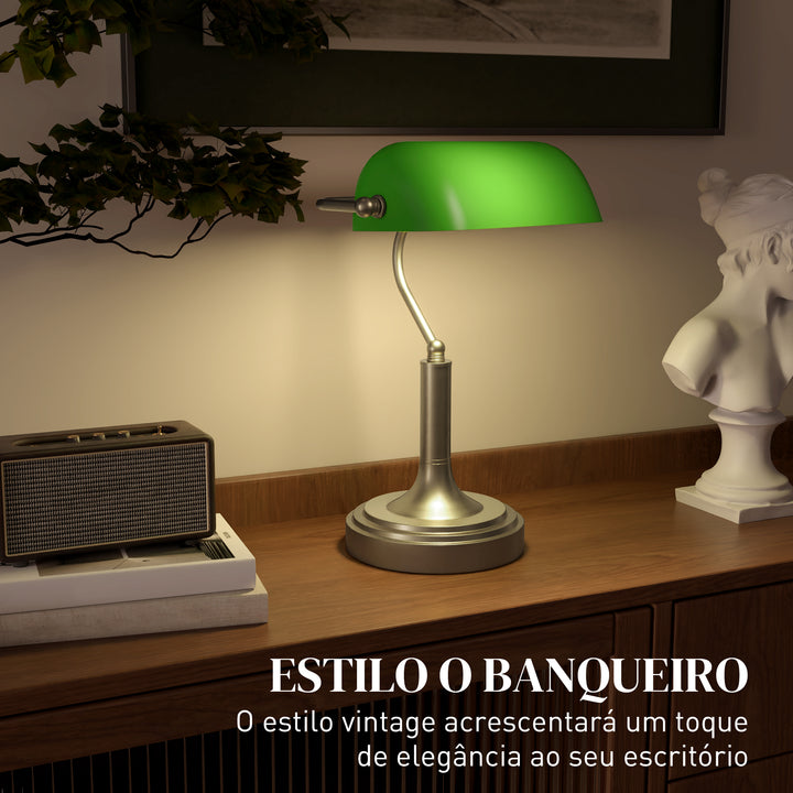 Candeeiro de Mesa Banqueiro Candeeiro de Mesa Vintage E27 com Ecrã Orientável a 45° Interruptor Basculante para Casa Escritório Biblioteca 26,8x22x39,5 cm Verde
