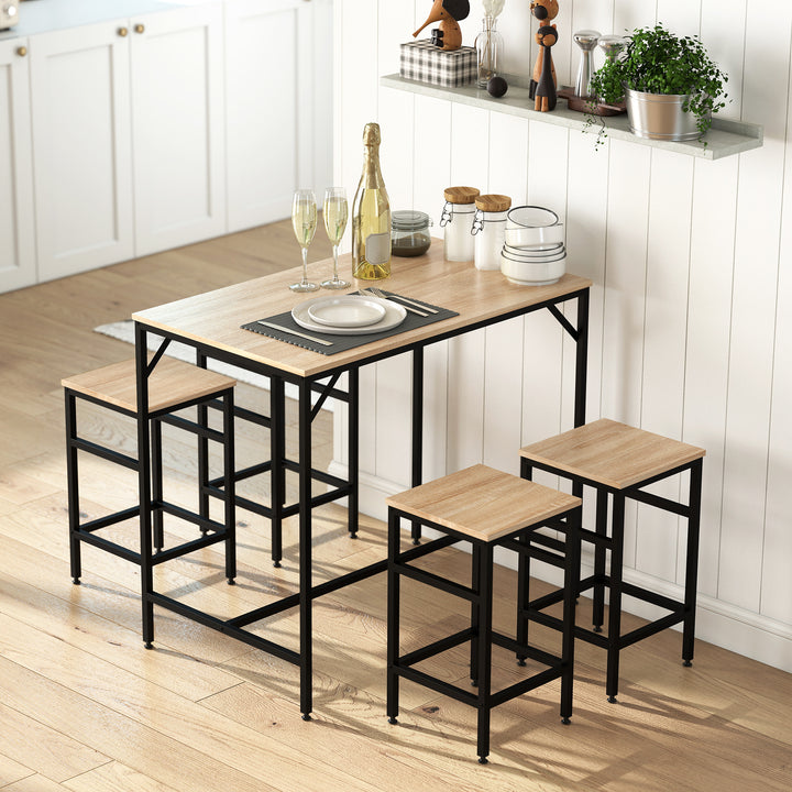 Conjunto de Mesa de Bar com 4 Bancos com Apoio para os Pés Conjunto de Móveis de 5 Peças Mesa de 100x60x88cm e Bancos de 32x32x57cm para Sala de Jantar Cozinha Preto e Carvalho