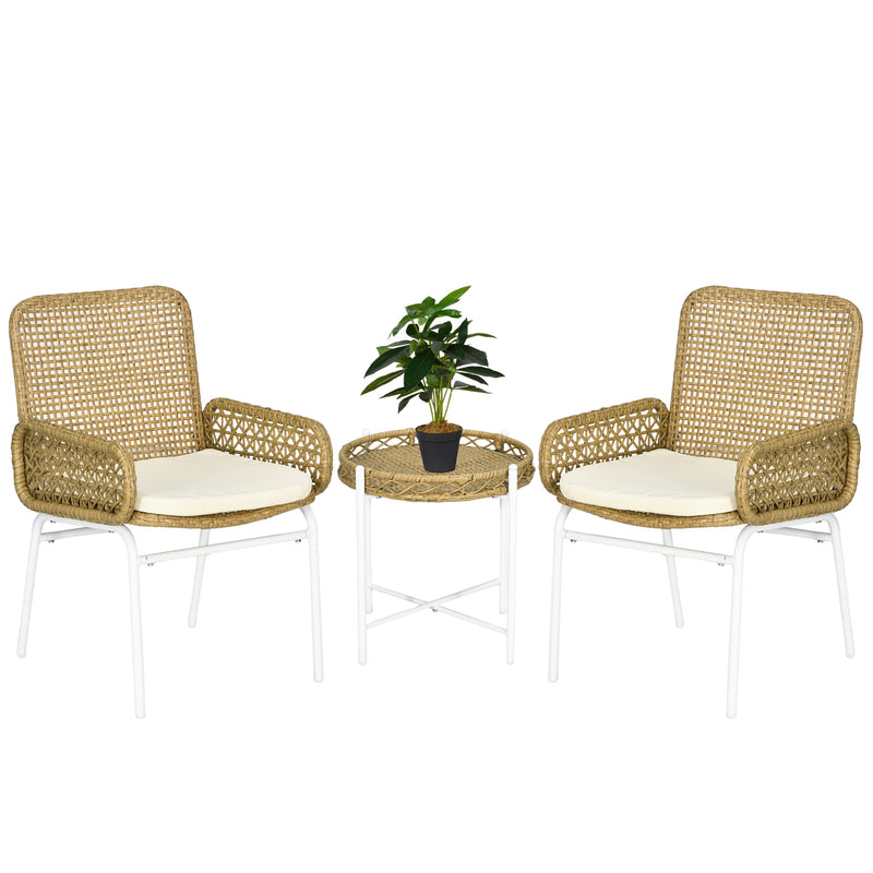 Conjunto de Mesa e Cadeiras para Exterior Conjunto de 3 Peças Inclui 2 Cadeiras e 1 Mesa de Centro de Vime com Almofadas para Terraço Pátio Natural