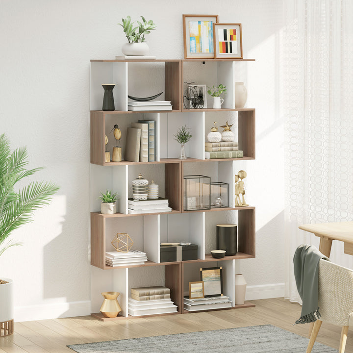 Estante para Livros Estante Alta de Parede com 5 Níveis em Forma de S Desenho Moderno para Sala de Estar Escritório 60x24x184,5cm Branco e Madeira