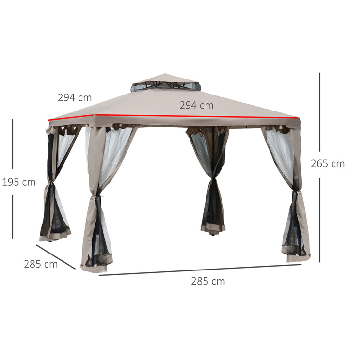 Pérgola de Jardim 3x3m Pérgola de Exterior com Duplo Teto de Ventilação 4 Cortinas Laterais 4 Orifícios de Drenagem e 4 Telas Mosquiteiras com Zíper para Festas Pátio Marrom Cáqui
