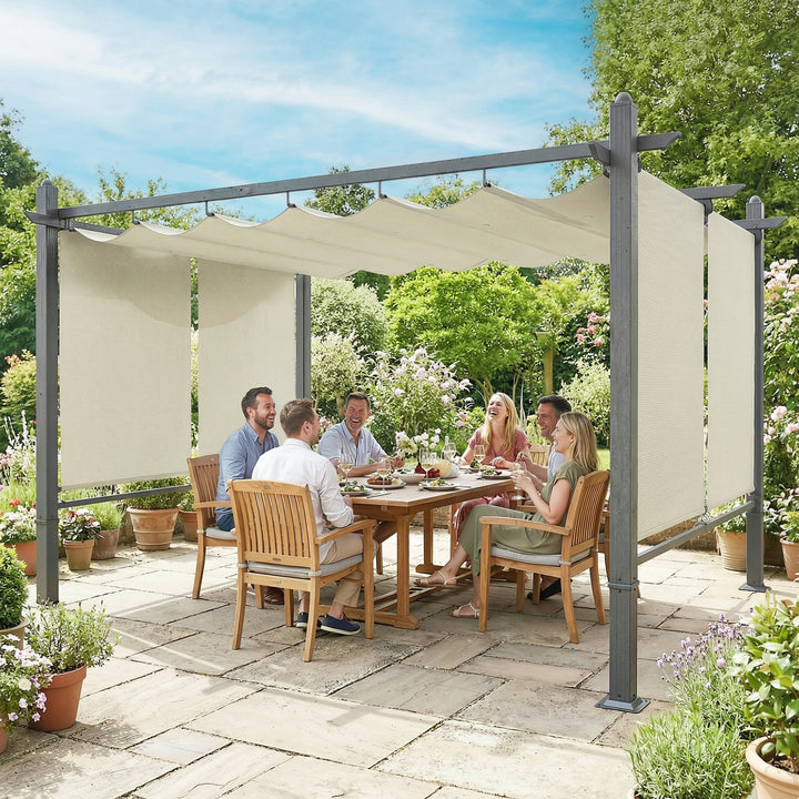 Pérgola de Jardim 4x3 m com Telhado Retrátil e Cortinas Automáticas Proteção UPF50+ Estrutura de Alumínio Drenagem Creme