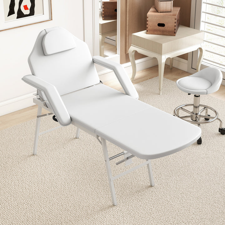 Marquesa de Massagem Dobrável Portátil de 3 Secções com Encosto e Suporte para Pernas Ajustáveis Apoio de Cabeça Removível Apoios de Braços Acolchoados para Spa 182x82 cm Branco