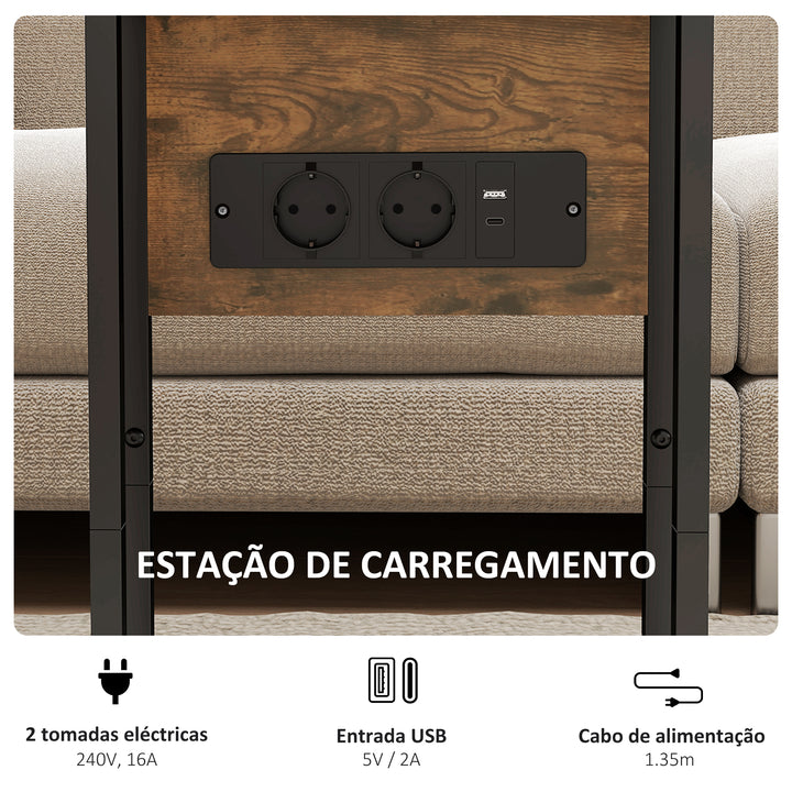 Mesa Auxiliar com Estação de Carga Mesa Auxiliar para Sofá com Tampo Dobrável e Pés Ajustáveis Mesinha Auxiliar para Sala Quarto Madeira Rústica