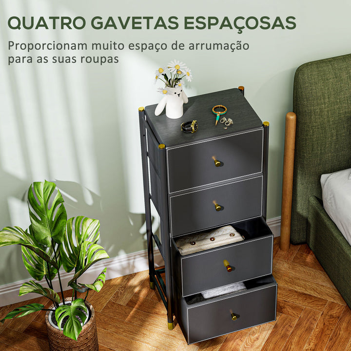 Cómoda para Dormitório Cómoda de Tecido com 4 Gavetas Dobráveis com Frentes de Couro PU e Estrutura de Aço Cómoda para Dormitório 46x30x98 cm Preto