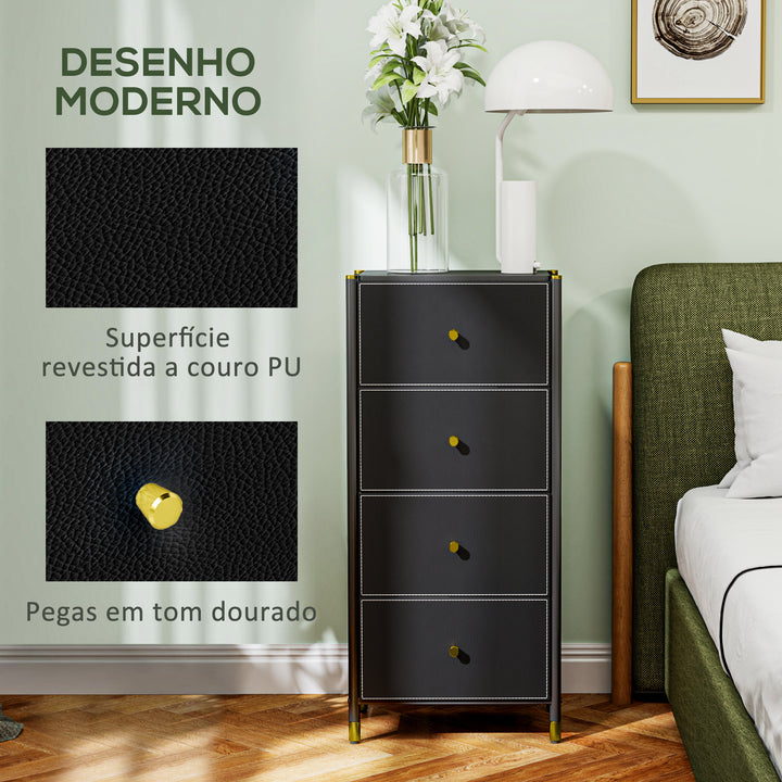 Cómoda para Dormitório Cómoda de Tecido com 4 Gavetas Dobráveis com Frentes de Couro PU e Estrutura de Aço Cómoda para Dormitório 46x30x98 cm Preto