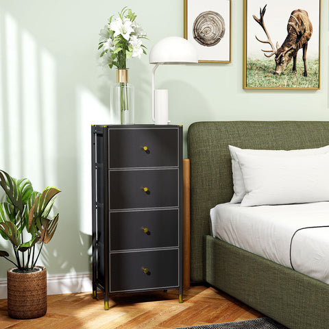 Cómoda para Dormitório Cómoda de Tecido com 4 Gavetas Dobráveis com Frentes de Couro PU e Estrutura de Aço Cómoda para Dormitório 46x30x98 cm Preto