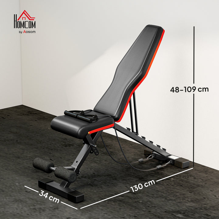 Banco de Musculação Dobrável Banco de Pesas Encosto e Assento Ajustáveis Extensão de Perna e Banda de Resistência para Treino Completo Ginásio em Casa 130x34x48-109 cm Preto