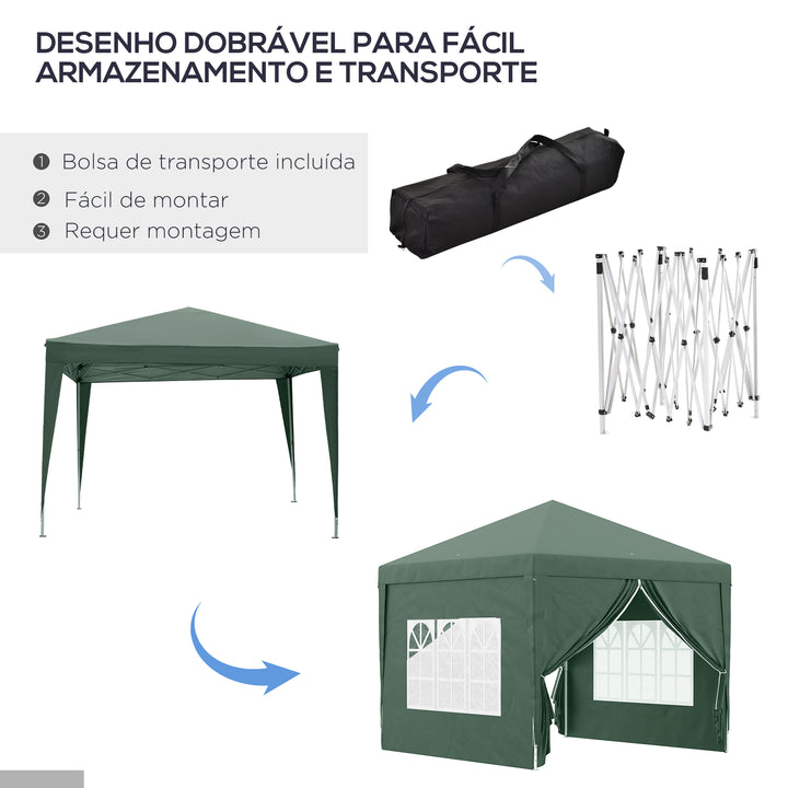 Tenda de Jardim com Paredes Laterais Amovíveis Janelas Porta com Zíper e Bolsa de Transporte 295x295x196-258 cm Verde