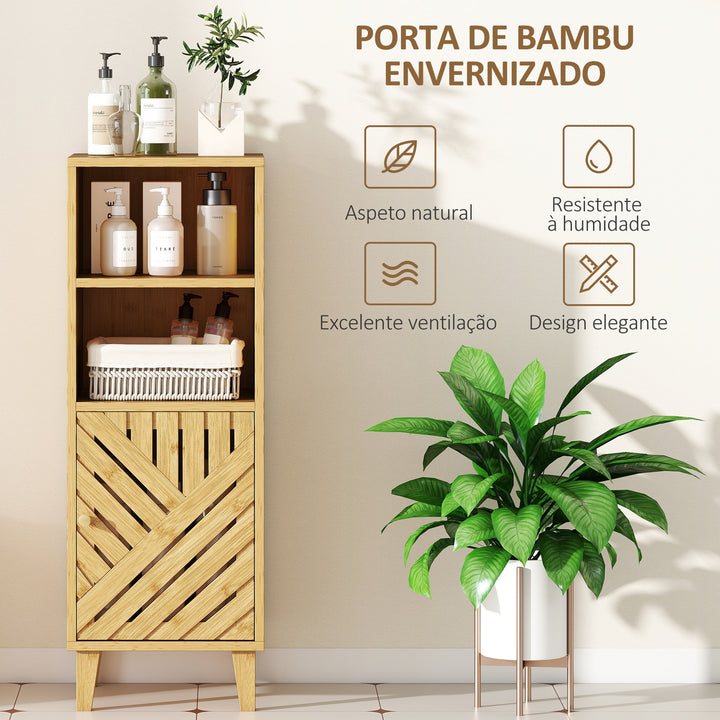 Armário de Casa de Banho Estreito Móvel Auxiliar de Casa de Banho 32x30x90 cm com 2 Prateleiras Abertas Porta e Pés de Bambu Estilo Moderno para Espaços Pequenos Madeira