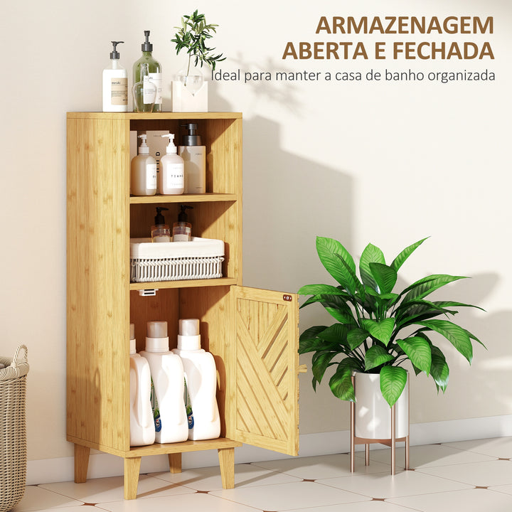 Armário de Casa de Banho Estreito Móvel Auxiliar de Casa de Banho 32x30x90 cm com 2 Prateleiras Abertas Porta e Pés de Bambu Estilo Moderno para Espaços Pequenos Madeira