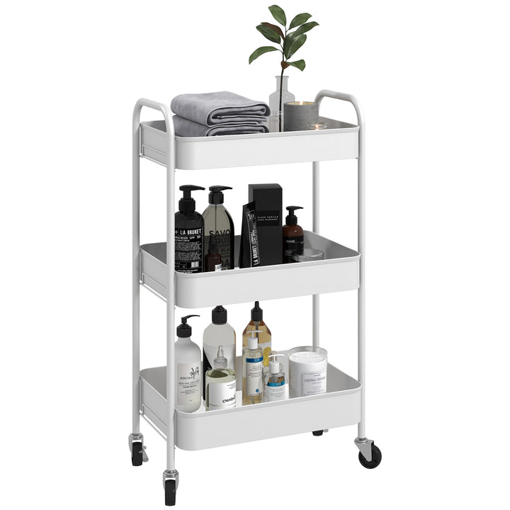 Carrinho Auxiliar de 3 Níveis com Rodas Carrinho de Armazenamento Deslizante com 3 Prateleiras 4 Rodas e 2 Travões para Cozinha Sala 45x30,6x79 cm Branco