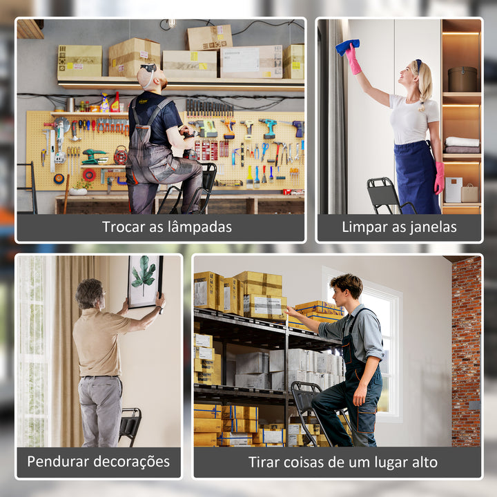 Escada Dobrável com 3 Degraus Escada de Metal com Apoio para os Braços e Suporte para Ferramentas Carga Máxima 150 kg 49x66x136 cm Preto