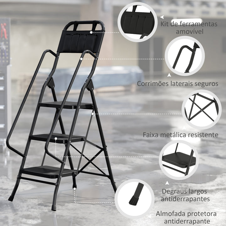 Escada Dobrável com 3 Degraus Escada de Metal com Apoio para os Braços e Suporte para Ferramentas Carga Máxima 150 kg 49x66x136 cm Preto