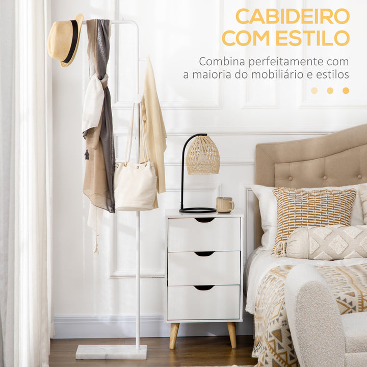 Cabide de Pé Elegante Cabide de Pé para Abrigos com 2 Ganchos Redondos Suspensos e Base de Mármore para Dormitório Corredor Entrada 35x25x170cm Branco