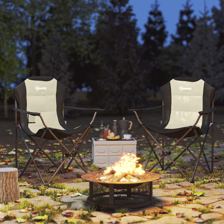 Conjunto de 2 Cadeiras Reclináveis de Campismo com Encosto Alto Cadeiras de Campismo Portátil com Apoio para Braços Porta-Copos e Bolsas de Transporte para Acampamento Jardim Varanda Bege e Preto