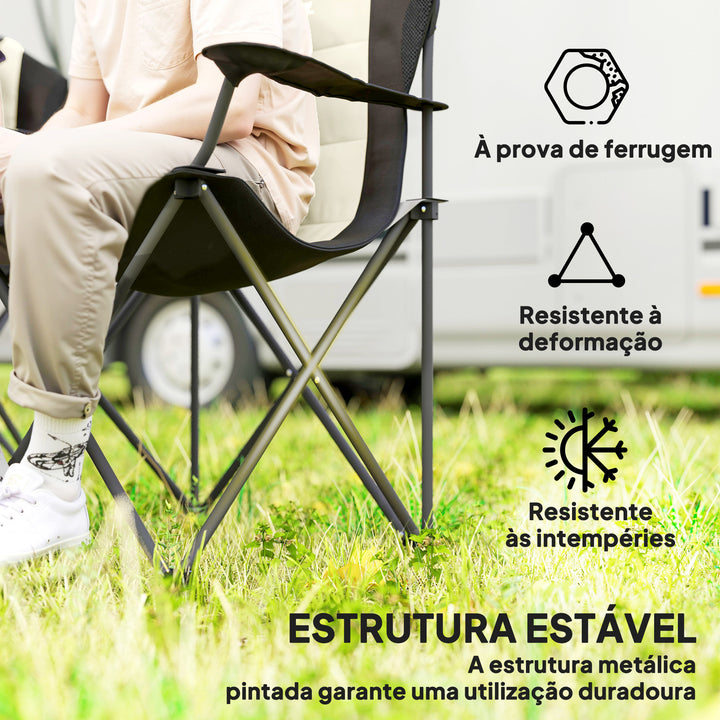 Conjunto de 2 Cadeiras Reclináveis de Campismo com Encosto Alto Cadeiras de Campismo Portátil com Apoio para Braços Porta-Copos e Bolsas de Transporte para Acampamento Jardim Varanda Bege e Preto