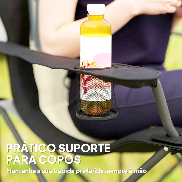 Conjunto de 2 Cadeiras Reclináveis de Campismo com Encosto Alto Cadeiras de Campismo Portátil com Apoio para Braços Porta-Copos e Bolsas de Transporte para Acampamento Jardim Varanda Bege e Preto