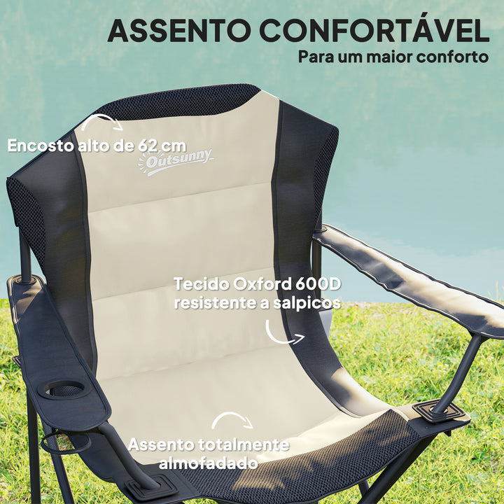 Conjunto de 2 Cadeiras Reclináveis de Campismo com Encosto Alto Cadeiras de Campismo Portátil com Apoio para Braços Porta-Copos e Bolsas de Transporte para Acampamento Jardim Varanda Bege e Preto