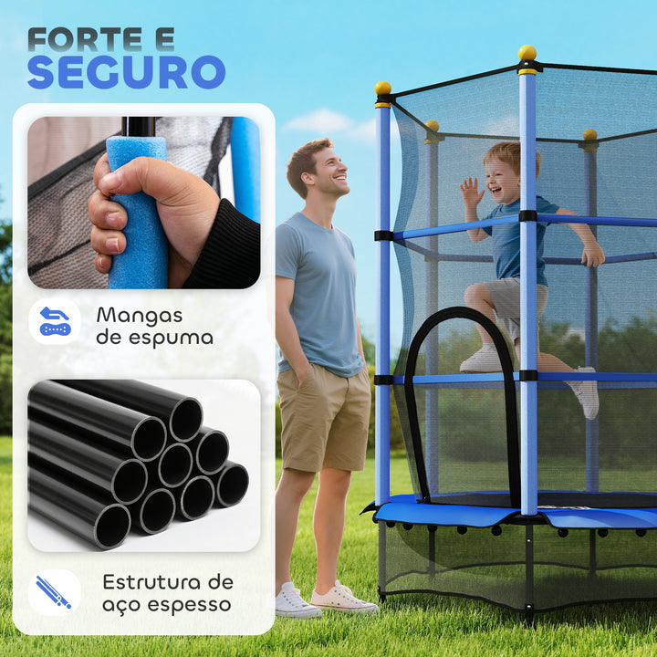 Trampolim para Crianças acima de 3 Anos Cama Elástica Infantil com Rede de Segurança e Estrutura de Aço para Interiores e Exteriores Carga 50kg Ø140x190 cm Azul