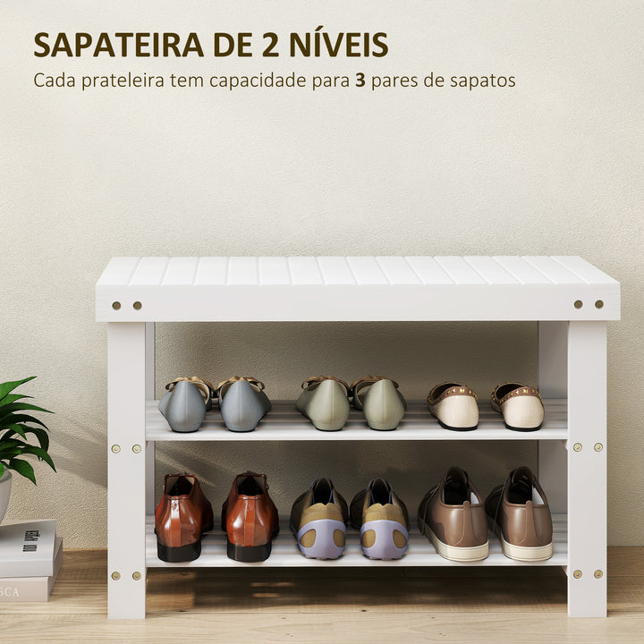 Banco Sapateira de Bambu Sapateira com Assento Organizador de Sapatos com 2 Prateleiras para 6-9 Pares de Sapatos para Entrada Sala de Estar Dormitório 70x28x45 cm Branco
