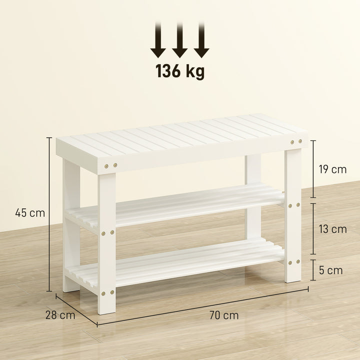 Banco Sapateira de Bambu Sapateira com Assento Organizador de Sapatos com 2 Prateleiras para 6-9 Pares de Sapatos para Entrada Sala de Estar Dormitório 70x28x45 cm Branco