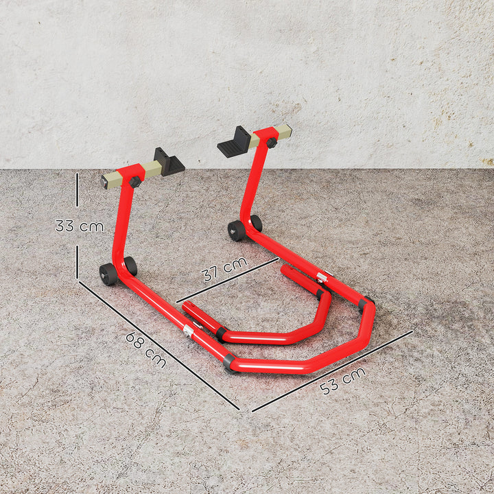Suporte Roda Dianteira e Traseira para Mota Carga 390 kg Cavalete Moto Elevador Universal com Adaptadores de Garfos em U e L Ajustáveis e Rodas para Reparação Manutenção Vermelho