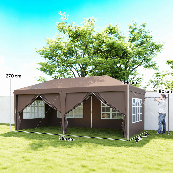Tenda Dobrável 6x3 m Pop-up com 4 Laterais Removíveis Toldo de Jardim com 4 Janelas Visíveis Bolsa de Transporte UPF50+ Tenda para Campismo Festas Exterior Castanho