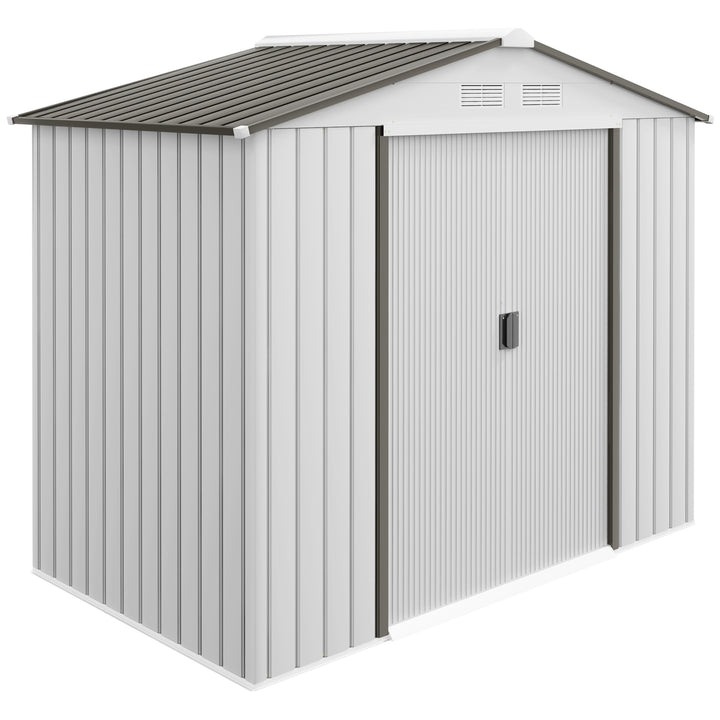 Abrigo de Jardim 213x130x185cm Abrigo de Jardim Metálico de Exterior para Armazenamento de Ferramentas com 2 Portas Deslizantes e 4 Janelas para Terraço Branco e Cinza
