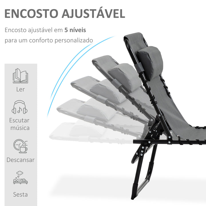 Espreguiçadeira Dobrável Espreguiçadeira de Jardim com Encosto Ajustável Apoio para a Cabeça Acolchoado Bolso Lateral e Estrura de Aço 185x58x30 cm Cinza