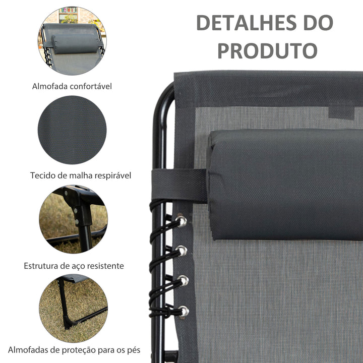 Espreguiçadeira Dobrável Espreguiçadeira de Jardim com Encosto Ajustável Apoio para a Cabeça Acolchoado Bolso Lateral e Estrura de Aço 185x58x30 cm Cinza