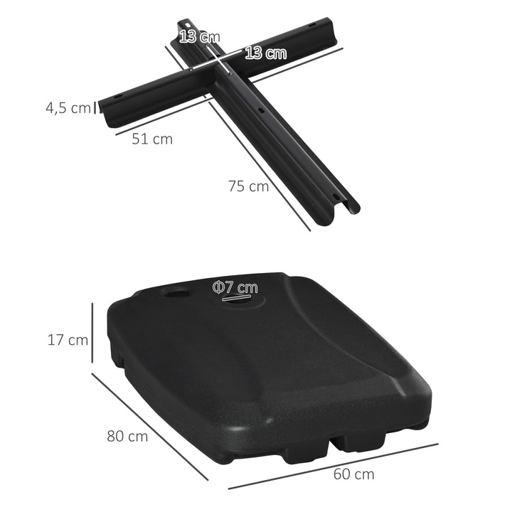 Base de Chapéu de Sol com 2 Rodas Preenchível com Água 60kg Areia 68kg Misto 75kg Suporte de Chapéu de Sol para Jardim Pátio Terraço 80x60x15cm Preto