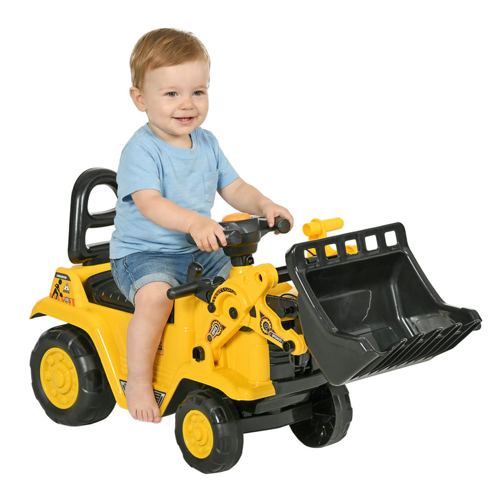 Carro Andador para Crianças de 18 a 48 Meses Escavadora para Crianças com Pá Dianteira Buzina Volante e Compartimento Oculto sob o Assento Carga 30 kg 80x26,5x39 cm Amarelo
