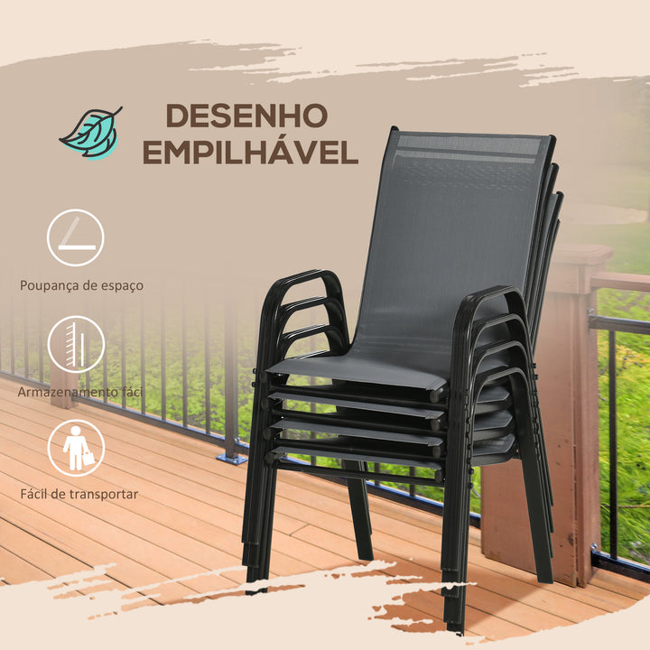 Conjunto de 4 Cadeiras de Jardim Cadeiras de Exterior Empilháveis Cadeiras de Refeição de Exterior com Tecido Respirável Estrutura de Metal Apoio para os Braços e Encosto 54x75,5x95 cm Cinza