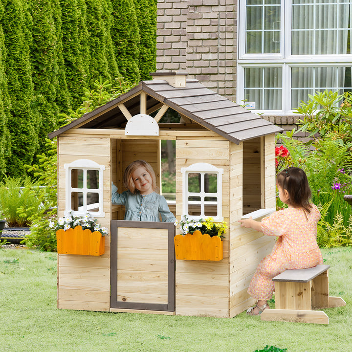 Casa de Jardim de Madeira Casa de Madeira de Exterior para Crianças de 3-7 Anos com Janelas 2 Floreiras e 1 Banco 113x94x134,5 cm Madeira
